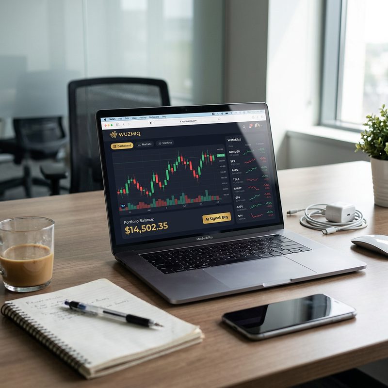 لوحة تحكم Wuzmiq على حاسب محمول تعرض رسمًا بالشموع اليابانية ورصيد المحفظة وإشارة شراء من الذكاء الاصطناعي وقائمة مراقبة للأصول