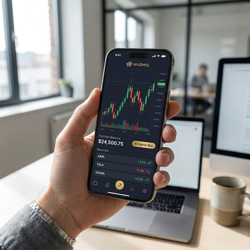 يد تمسك هاتفًا ذكيًا يعرض تطبيق Wuzmiq برسم بياني بالشموع اليابانية ورصيد المحفظة وإشارة شراء من الذكاء الاصطناعي وقائمة مراقبة